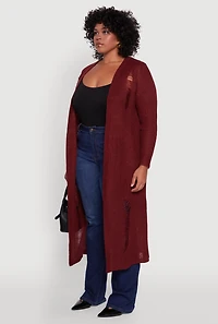 Womens Plus Size Distressed Long Sleeve Open Front Long Cardigan, Burgundy, Size 2X