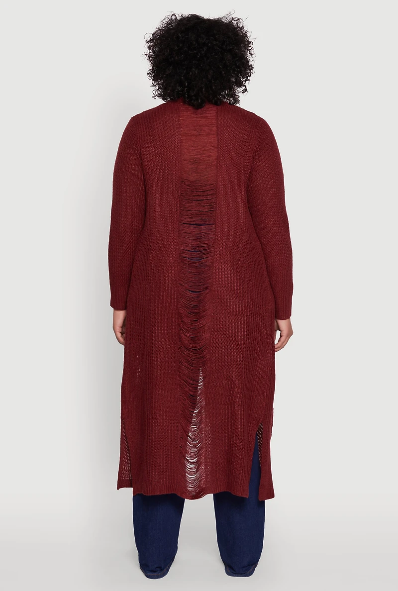 Womens Plus Size Distressed Long Sleeve Open Front Long Cardigan, Burgundy, Size 2X
