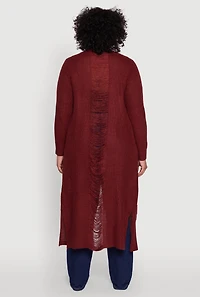 Womens Plus Size Distressed Long Sleeve Open Front Long Cardigan, Burgundy, Size 2X