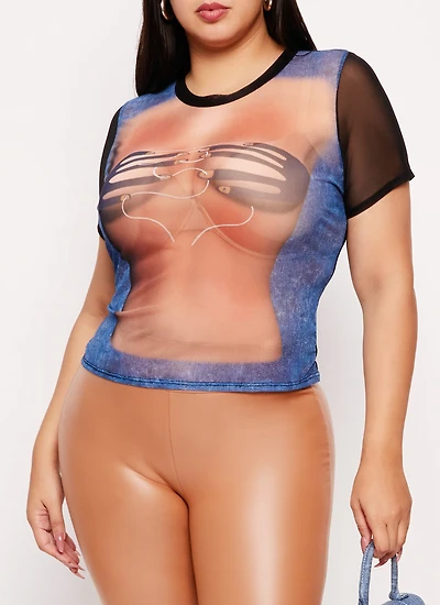 Plus Mesh Denim Hand Print Tee