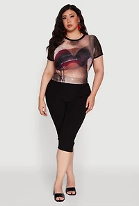 Womens Plus Size Lip Graphic Crew Neck Mesh Top, Multi, Size 2X