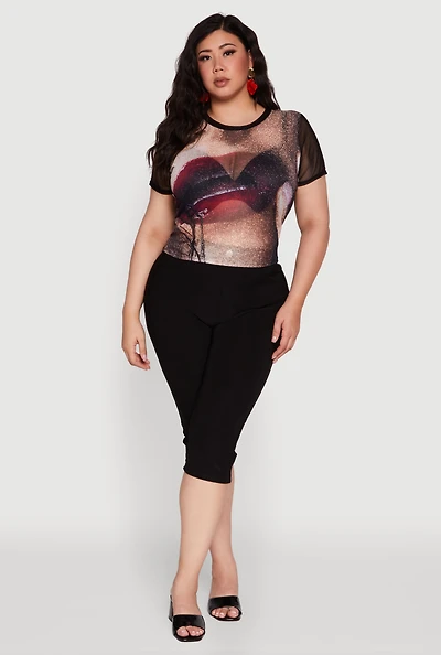 Womens Plus Size Lip Graphic Crew Neck Mesh Top, Multi, Size 3X