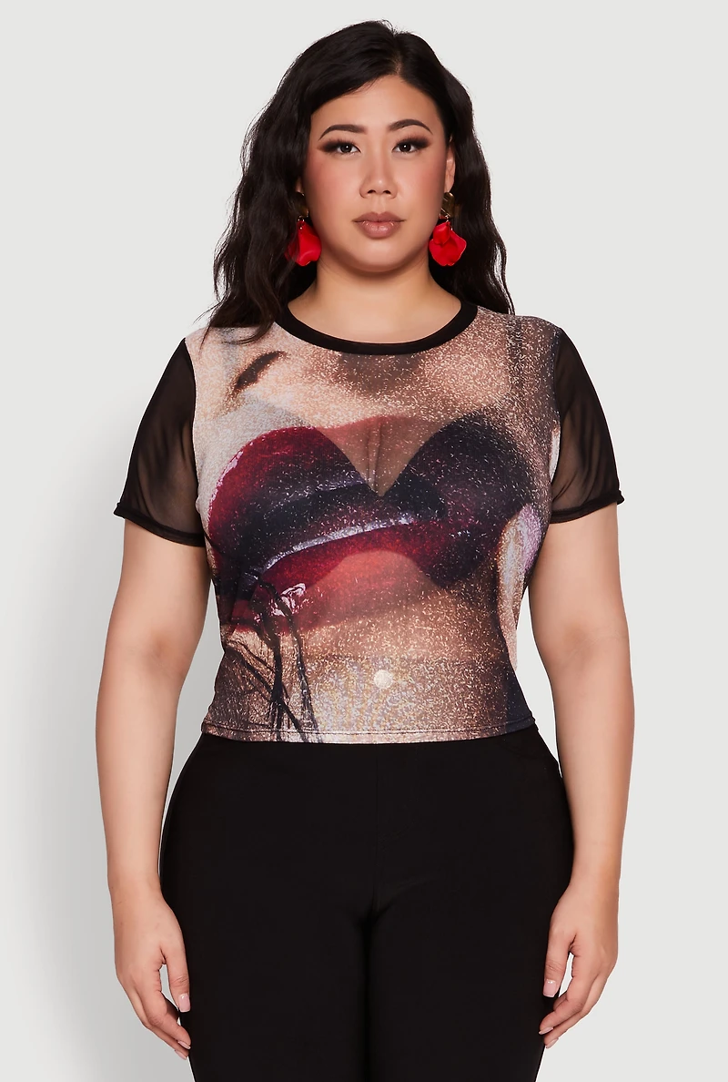 Womens Plus Lip Graphic Crew Neck Mesh Top, Multi,
