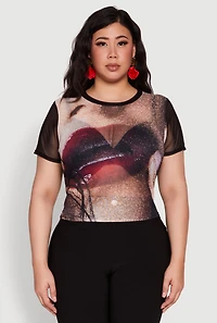 Womens Plus Size Lip Graphic Crew Neck Mesh Top, Multi, Size 2X