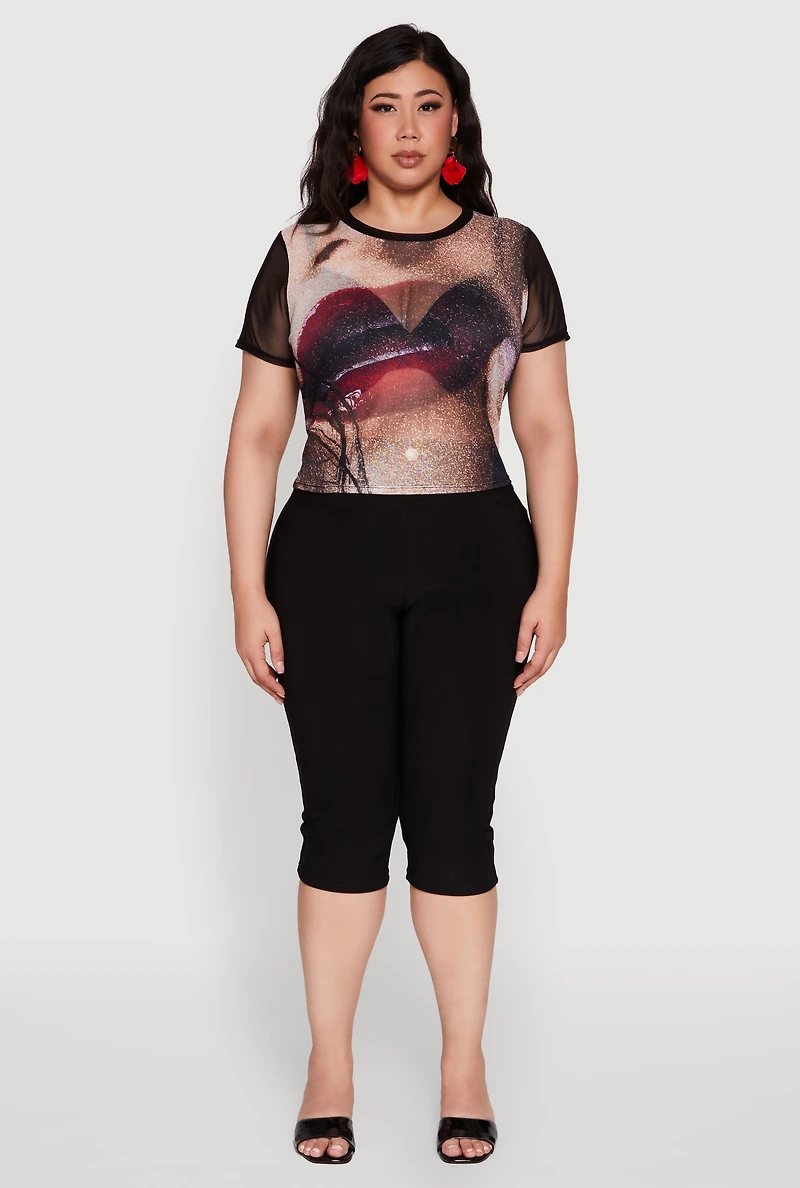 Womens Plus Lip Graphic Crew Neck Mesh Top, Multi,