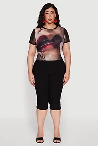 Womens Plus Lip Graphic Crew Neck Mesh Top, Multi,