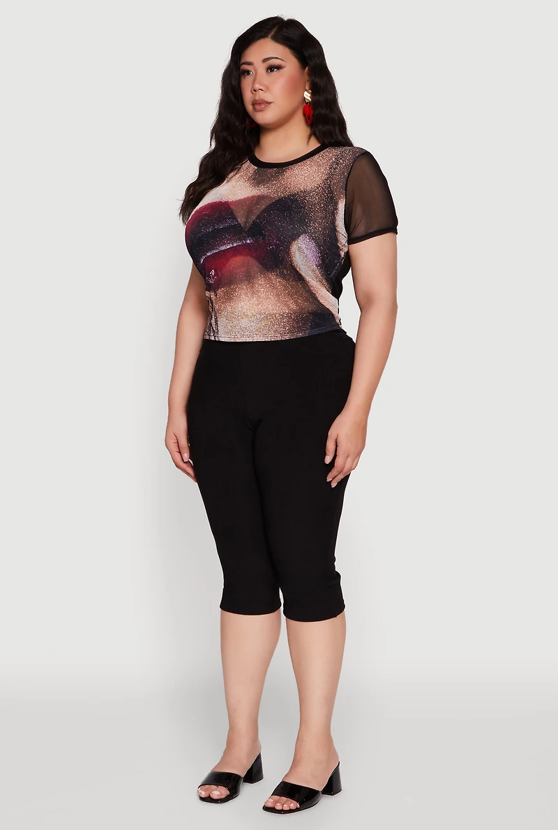 Womens Plus Lip Graphic Crew Neck Mesh Top, Multi,