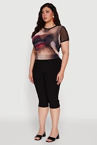 Womens Plus Lip Graphic Crew Neck Mesh Top, Multi,