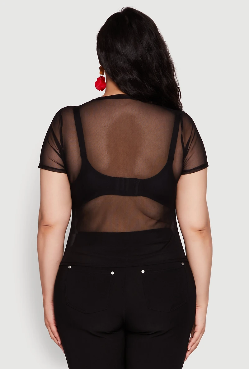 Womens Plus Size Lip Graphic Crew Neck Mesh Top, Multi, Size 1X