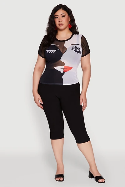 Womens Plus Size Mesh Color Blocked Face Print Top, Multi, Size 2X