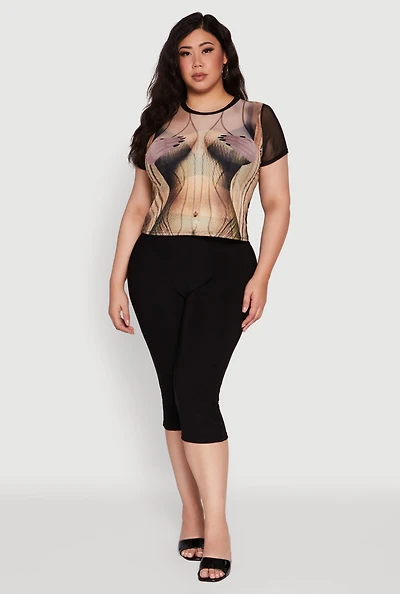 Womens Plus Size Sheer Mesh Illusion Body Print Graphic Top, Multi, Size 1X