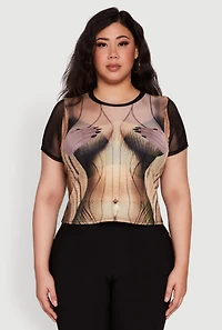 Womens Plus Size Sheer Mesh Illusion Body Print Graphic Top, Multi, Size 3X