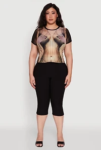 Womens Plus Size Sheer Mesh Illusion Body Print Graphic Top, Multi, Size 2X