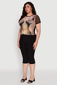 Womens Plus Size Sheer Mesh Illusion Body Print Graphic Top, Multi, Size 2X