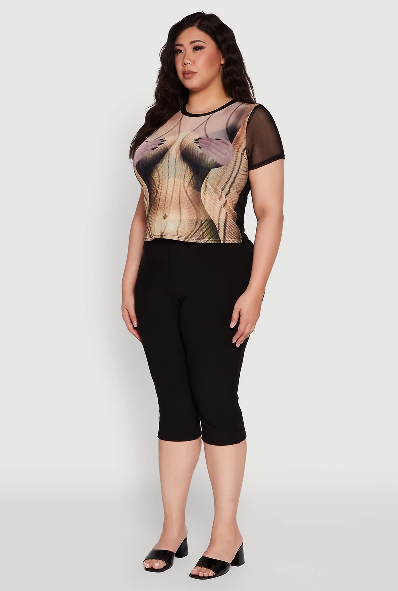 Womens Plus Size Sheer Mesh Illusion Body Print Graphic Top, Multi, Size 1X