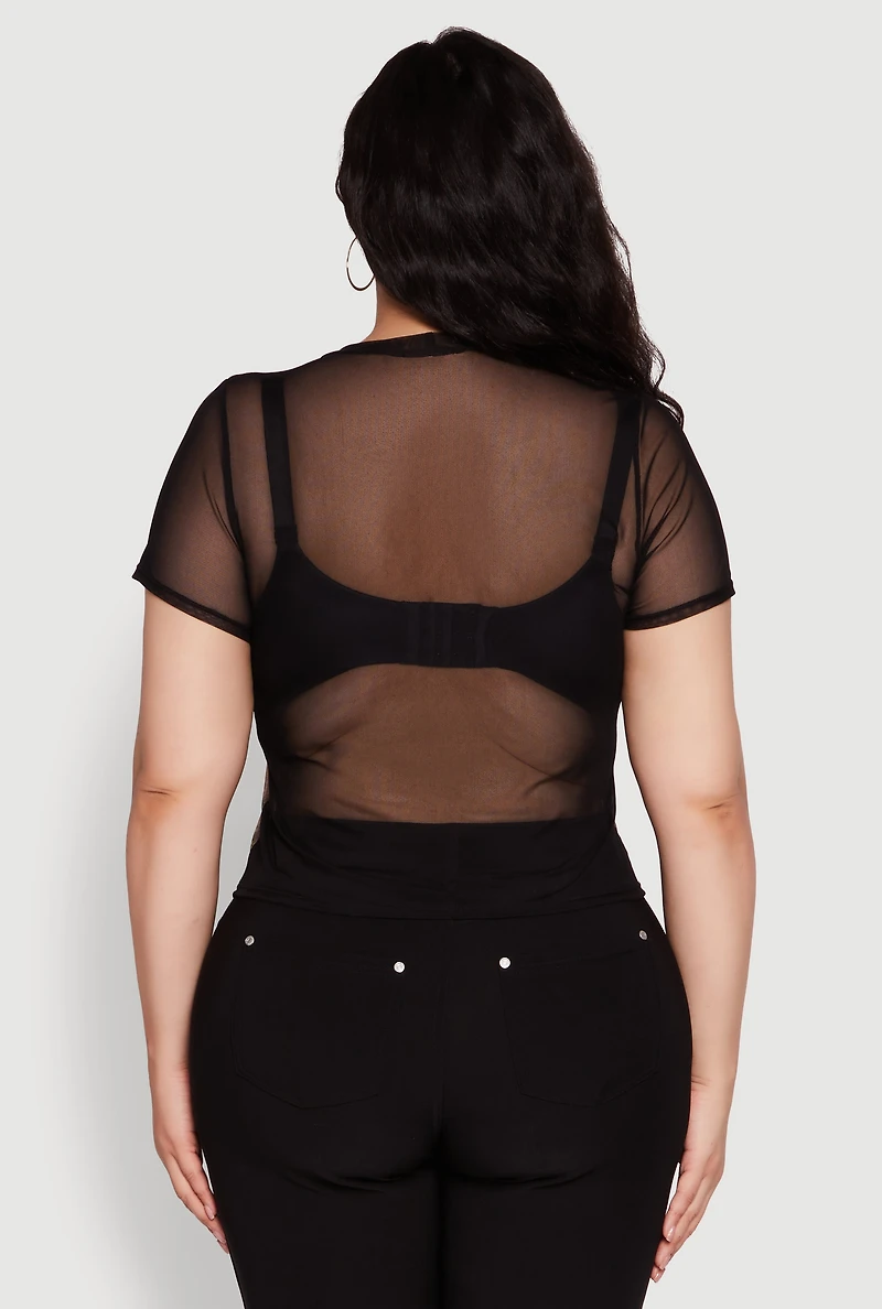 Plus Sheer Mesh Illusion Body Print Graphic Top