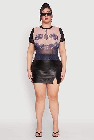 Womens Plus Graphic Print Mesh Tee, Multi,