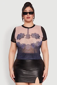 Womens Plus Graphic Print Mesh Tee, Multi,