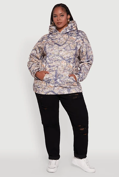 Womens Plus Size Hunter Camo Print Hoodie with Kangaroo Pocket, Multi, Size 1X