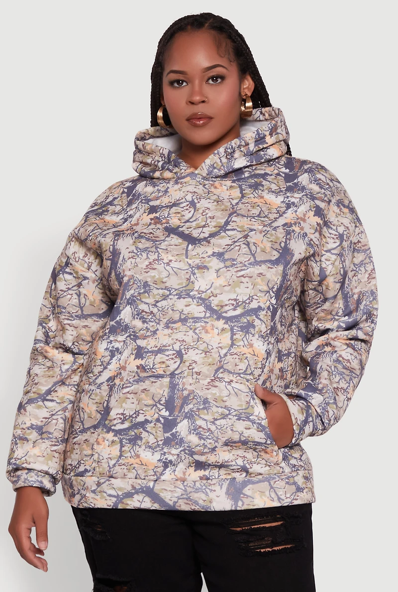 Womens Plus Size Hunter Camo Print Hoodie with Kangaroo Pocket, Multi, Size 3X