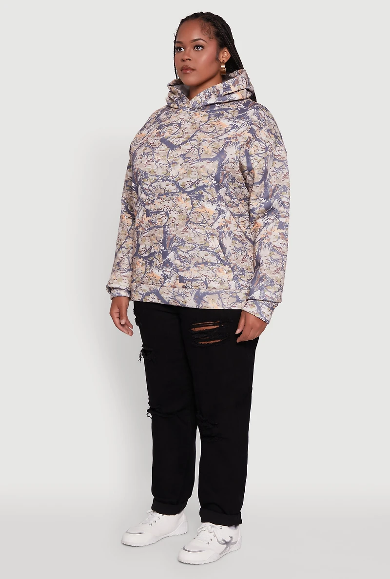 Womens Plus Size Hunter Camo Print Hoodie with Kangaroo Pocket, Multi, Size 3X