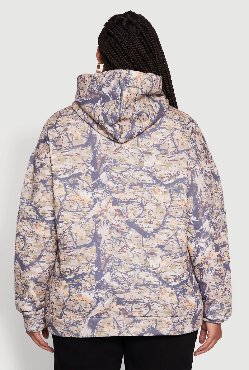 Womens Plus Size Hunter Camo Print Hoodie with Kangaroo Pocket, Multi, Size 3X