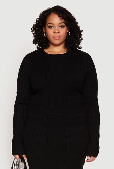 Womens Plus Size Daisy Cable Knit Crew Neck Sweater, Black, Size 1X