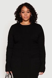 Womens Plus Size Daisy Cable Knit Crew Neck Sweater, Black, Size 1X