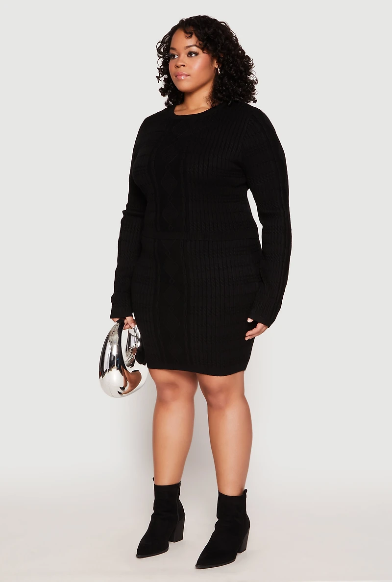 Womens Plus Size Daisy Cable Knit Crew Neck Sweater, Black, Size 1X