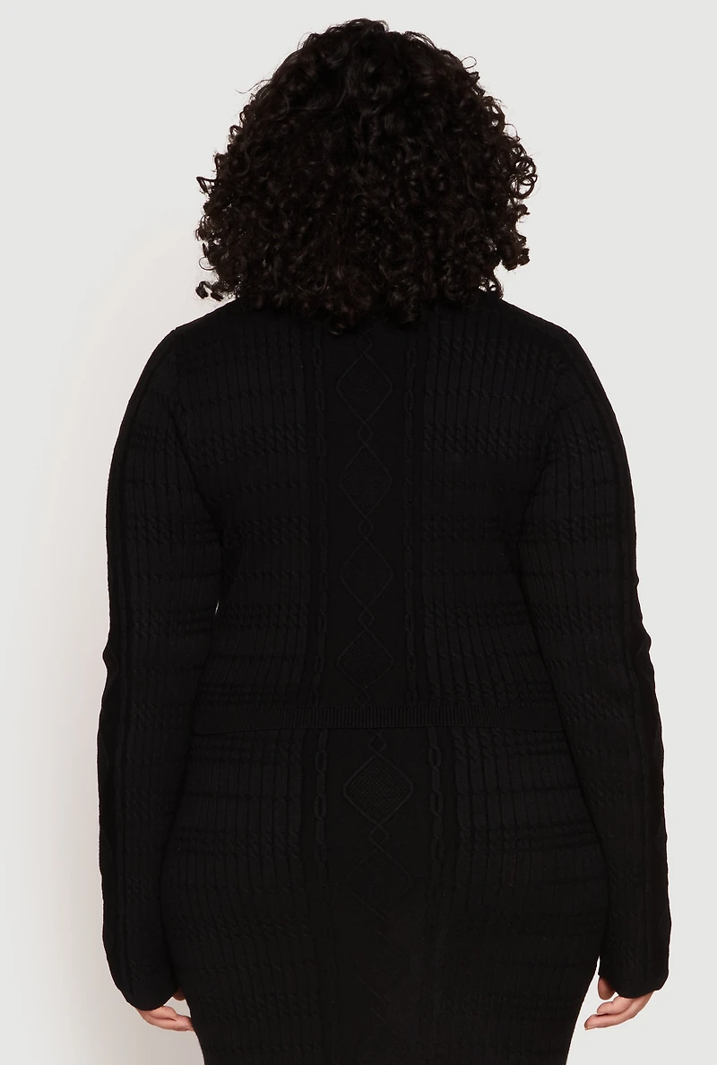Womens Plus Size Daisy Cable Knit Crew Neck Sweater, Black, Size 1X