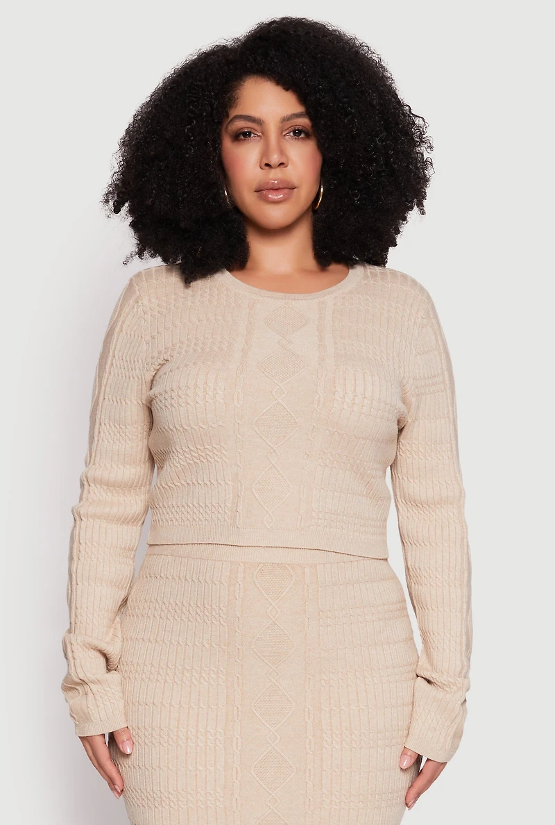 Womens Plus Size Daisy Cable Knit Crew Neck Sweater, Beige, Size 3X