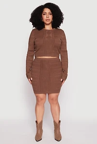 Womens Plus Daisy Cable Knit Crew Neck Sweater, Brown,