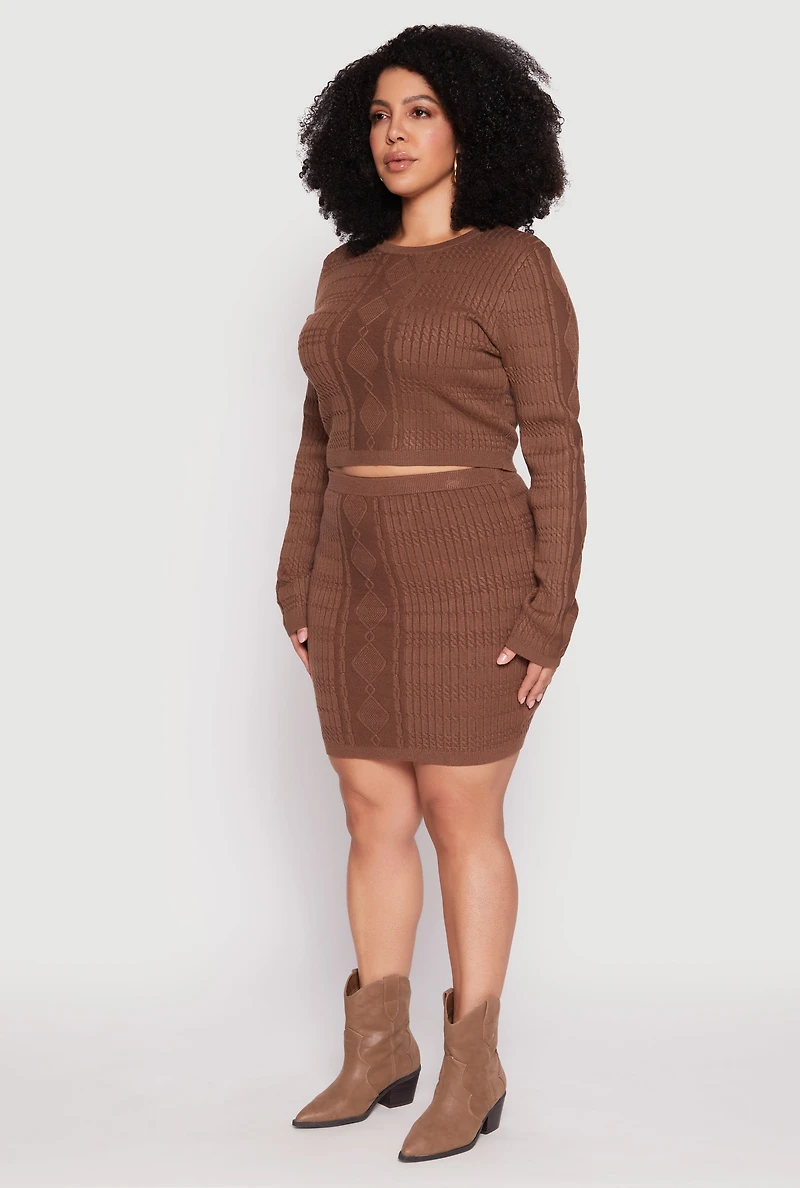 Womens Plus Daisy Cable Knit Crew Neck Sweater, Brown,