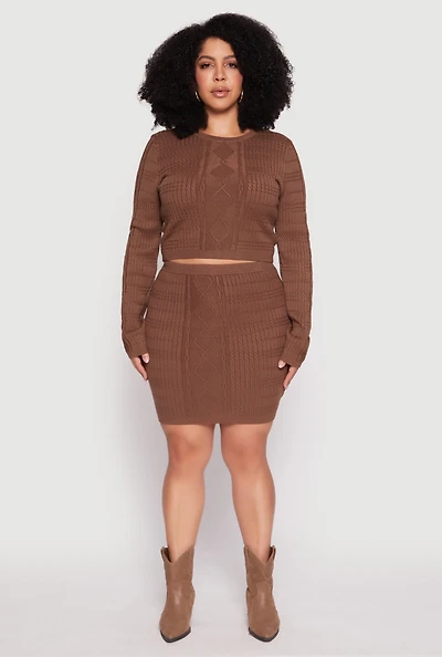 Womens Plus Size Daisy Cable Knit Pencil Skirt, Brown, Size 3X