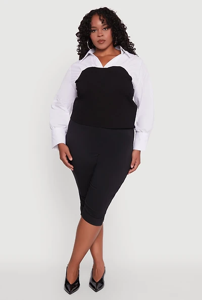 Womens Plus Size Ponte Color Block Ruched Blouse, Multi, Size 1X