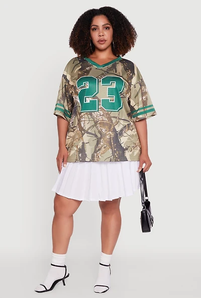 Womens Plus Size Tree Camo 23 Graphic Football Jersey, Green, Size 1X