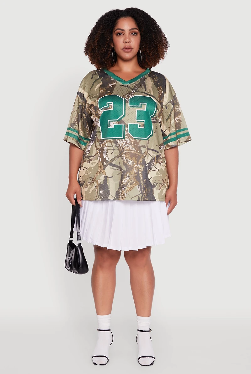 Womens Plus Tree Camo 23 Graphic Football Jersey,