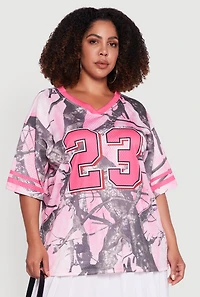 Womens Plus Size Tree Camo 23 Graphic Football Jersey, Pink, Size 1X