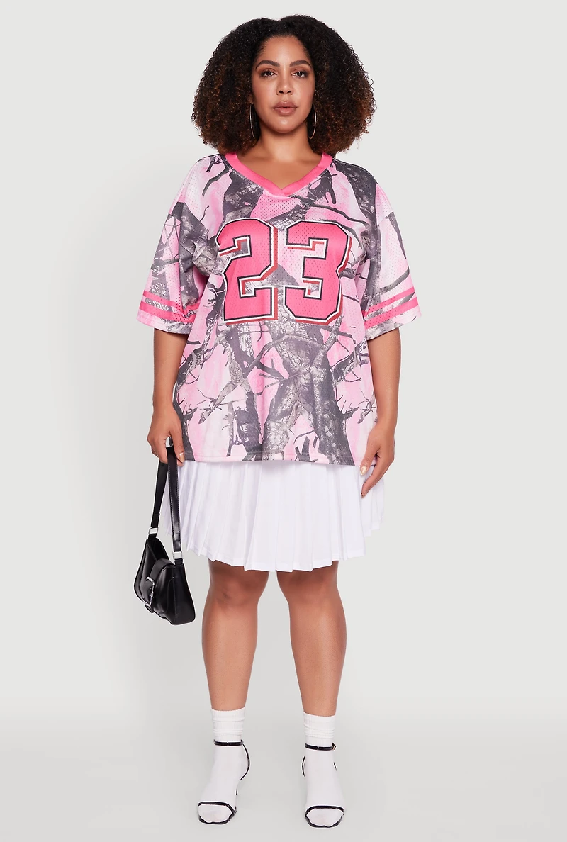 Womens Plus Size Tree Camo 23 Graphic Football Jersey, Pink, Size 1X