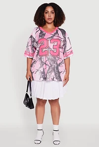 Womens Plus Size Tree Camo 23 Graphic Football Jersey, Pink, Size 1X