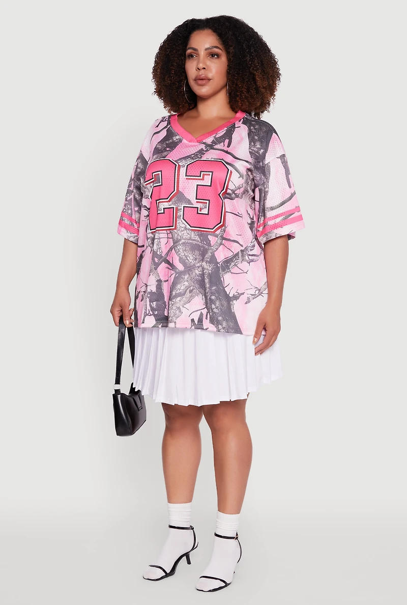 Womens Plus Size Tree Camo 23 Graphic Football Jersey, Pink, Size 1X