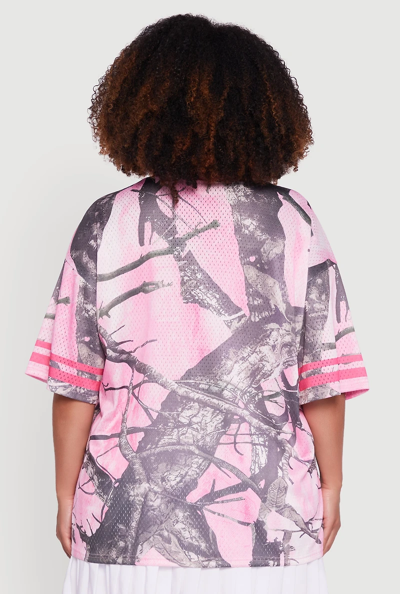 Womens Plus Size Tree Camo 23 Graphic Football Jersey, Pink, Size 1X