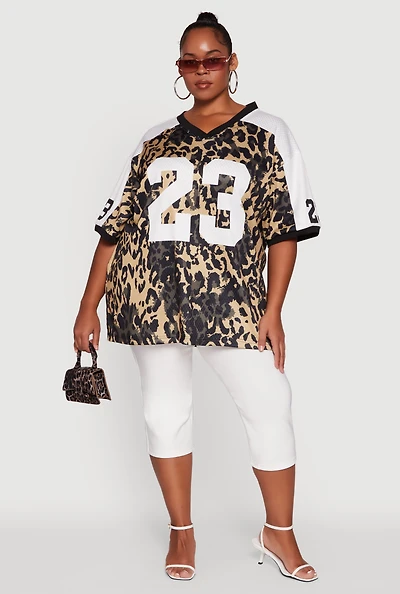 Womens Plus Size Leopard Print Graphic Football Jersey, Multi, Size 2X