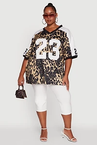 Womens Plus Size Leopard Print Graphic Football Jersey, Multi, Size 2X