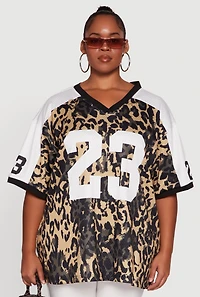 Womens Plus Size Leopard Print Graphic Football Jersey, Multi, Size 2X