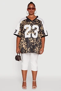 Womens Plus Size Leopard Print Graphic Football Jersey, Multi, Size 2X