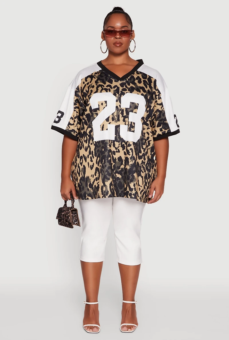 Plus Leopard Print Graphic Football Jersey
