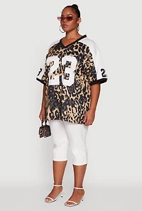 Womens Plus Size Leopard Print Graphic Football Jersey, Multi, Size 2X