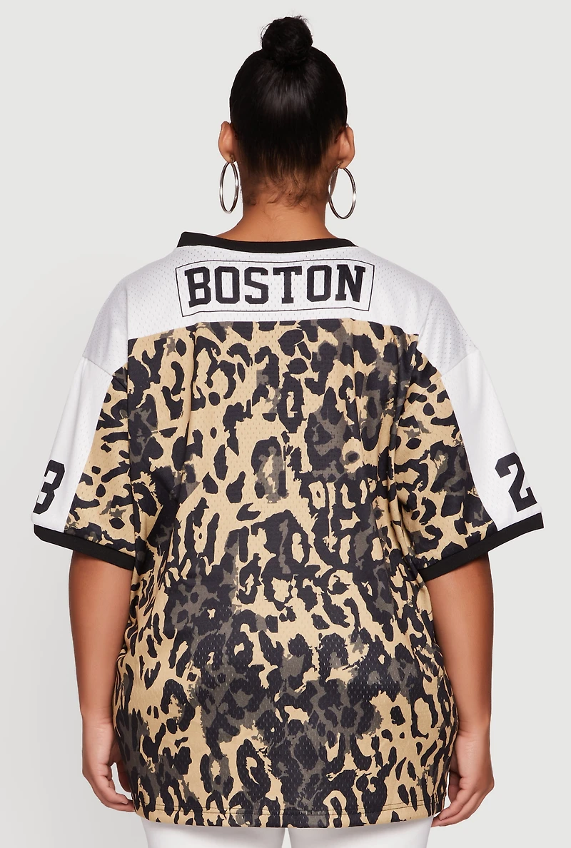 Womens Plus Size Leopard Print Graphic Football Jersey, Multi, Size 2X