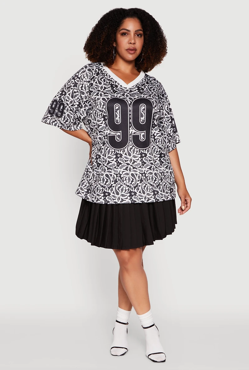 Womens Plus Size V-Neck Patterned 99 Graphic Print Jersey, Multi, Size 1X